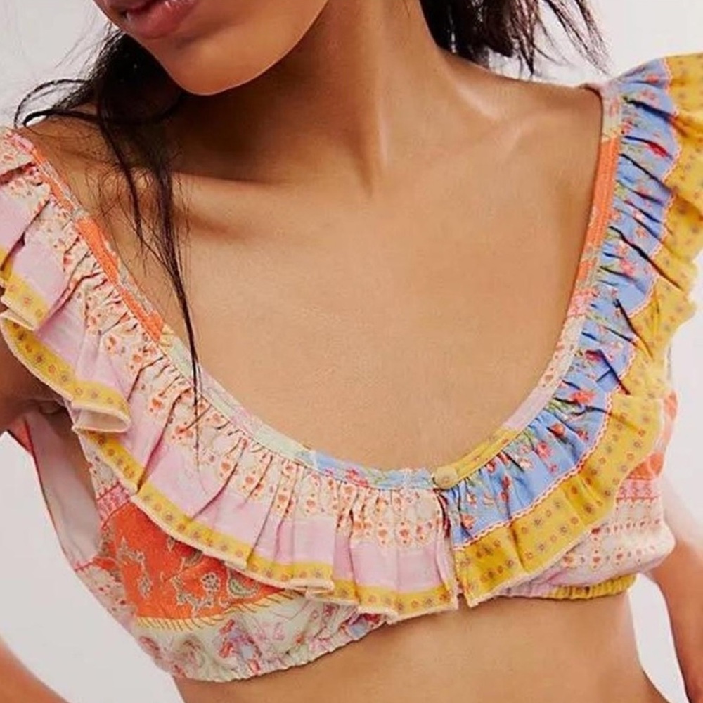 Free People As It Was Ruffle Crop Top Patchwork Floral L NWT
